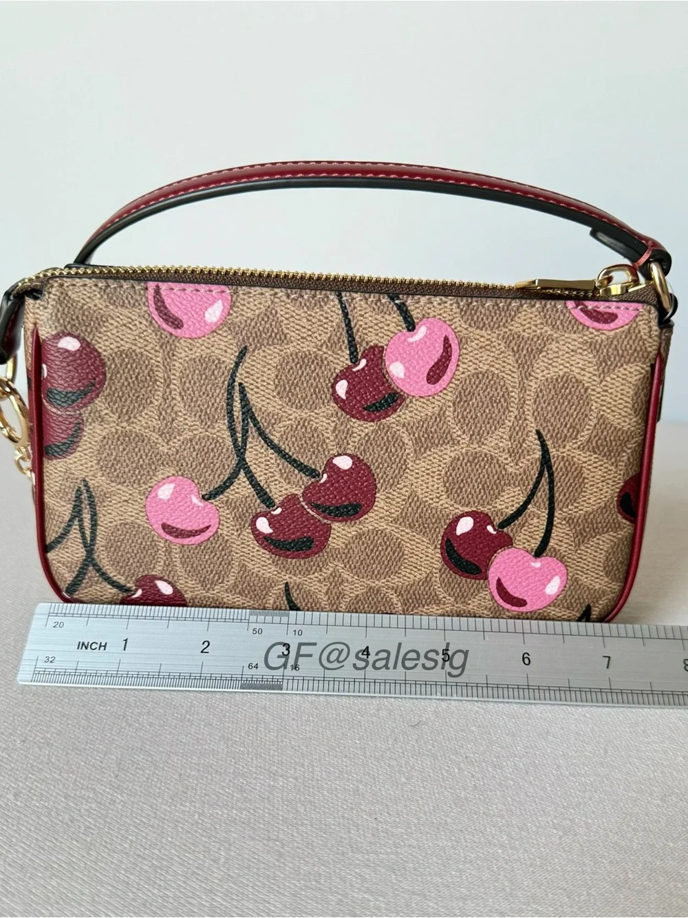 NWT Coach Nolita 19 Cherry Print Wristlet Small Bag Tan/Gold + Chain Extender